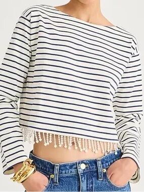 J. Crew White and Navy Striped Long-Sleeve Cropped Top with Beaded Fringe